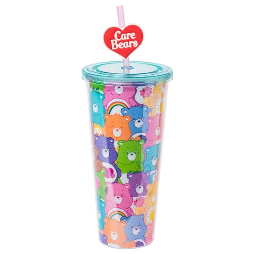 Image of Silver Buffalo Care Bears Rainbow, Plastic Cold Cup, 24oz | Cheer, Share, Wish, Good Luck, Grumpy, Friend, Bedtime, Harmony, Love-A-Lot, Lid, Straw Topper, Funshine, 0.71 Liters