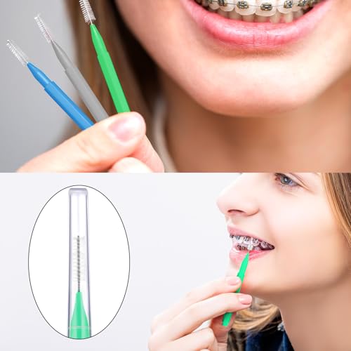 Image of Patelai 100 Pieces Braces Dental Brush for Cleaner Interdental Toothpick Dental Tooth Flossing Head Oral Hygiene Flosser Toothpick Cleaners Tooth Tool(Blue, Grey, Green,Various Sizes)