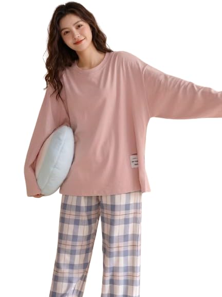 shine n' show - forever gorgeous Women's Pajama Set with Long Sleeve Top and Plaid Pants, Pink and Blue Checkered Nightwear-picture-42