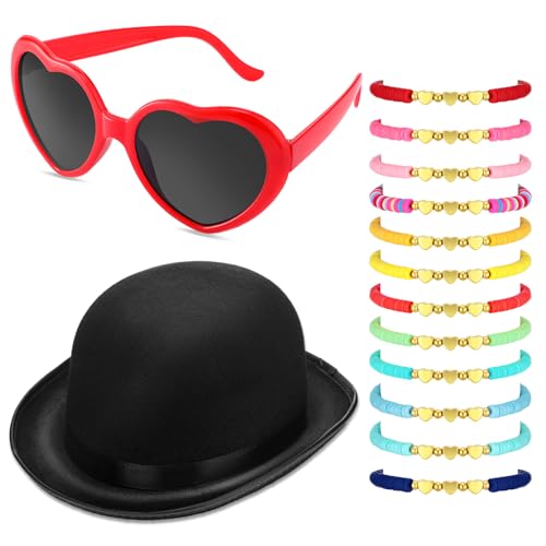 14 Pcs Halloween Singer Costume Black Fedora Hats Red Heart Sunglasses...