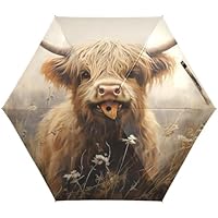 RPLIFE Umbrellas for Sun, Windproof Compact Umbrella, Ideal for Car, Purse, Men and Women, Highland Cow Beige