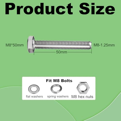Image of M8x50mm Hex Bolt with Hexagon Nut, Flat Washers, Spring Washers | M8-1.25 Hex Bolts Stainless Steel 304 Fully Threaded Hex Tap Metric Hexagon Head Screw Right Hand External Hex Drive