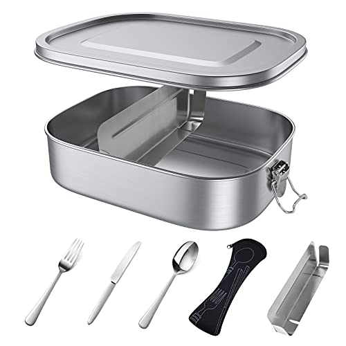Lunch Box, Boîte à pain en Métal avec Cloisons Amovibles, Boîte à pain d'étanchéité avec Cloison Mural et Couverts pour Adultes et Enfants, sans BPA, Lave-Vaisselle (1200ML) Cover