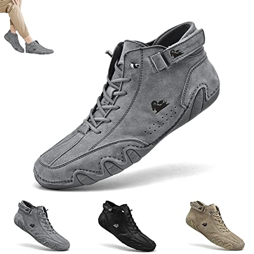 Image of LOVEWLVNCL Italian Handmade Suede High Boots, Men's Soft Suede Leather Casual Sneakers Non-Slip Breathable High Boots Walking Shoes(Grey,41 EU)