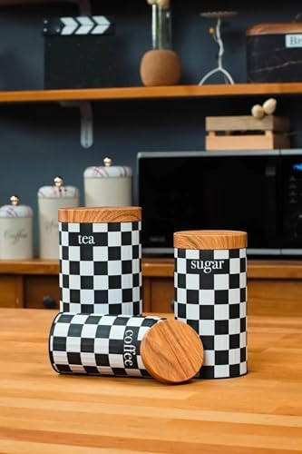 UCR HOME 3'Lü Set Metal Çay Kahve Şeker Saklama Kavanozu - Dama Desenli