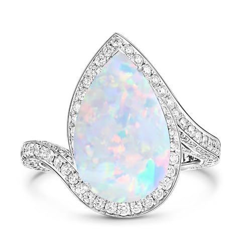 925 Sterling Silver Pear Opal Ring, Modern Halo Design, Opal & Moissanite, White Stone, 6x10mm, Female, Engagement & Wedding, Prong Setting