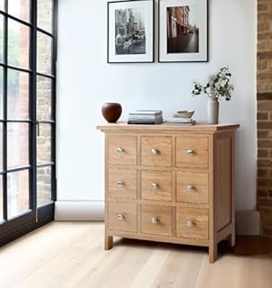 Hallowood Furniture Camberly Oak DVD CD Storage Unit with 9 Drawers, CD Rack Media Organiser, Light Oak Cabinet, Solid Wooden CD/DVD Storage Drawers, Holds 207 CDs or 63 DVDs