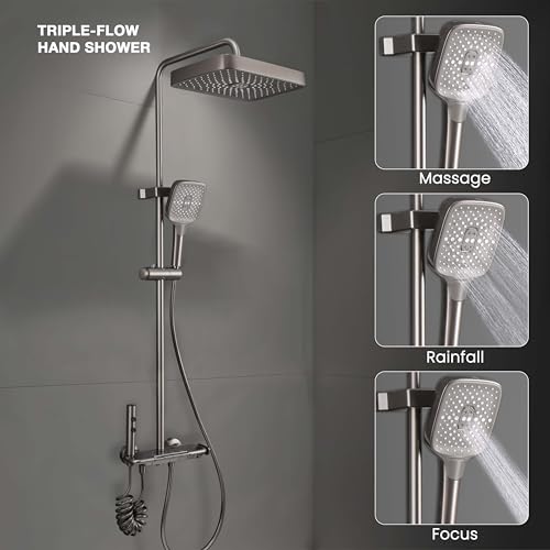 Image of Ruhe Ripple Smart Shower Panel Set, 4-in-1 Multi Flow Functions, Piano Button Shower Panel System, Includes Overhead Shower, 3-Flow Hand Shower and Dual Mode Water Spray Health Faucet