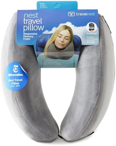 TRAVELREST Nest Neck Support Pillow - Travel Essentials, Memory Foam, Compact Travel Pillow for Long Flights, Plane Sleeping Accessories, Comfortable, Compact, Washable, Attaches to Luggage - Gray