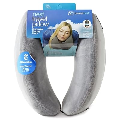 TRAVELREST Sleep Neck Pillow Travel - Travel Essentials, Memory Foam, Neck Support Pillow for Long Flight, Plane Sleeping Accessories, Anti-Slip and Comfortable, Washable, Attaches to Luggage - Gray