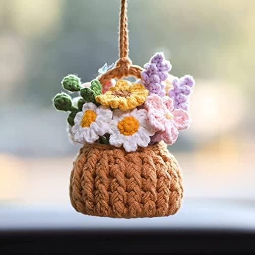Handmade Knitted Cute Potted Plants Crochet Car Mirror Hanging Accessories Cute Car Accessories For Women Men Rearview Mirror Accessories Kawaii Car Accessories Interior Aesthetic Car Hanging Ornament