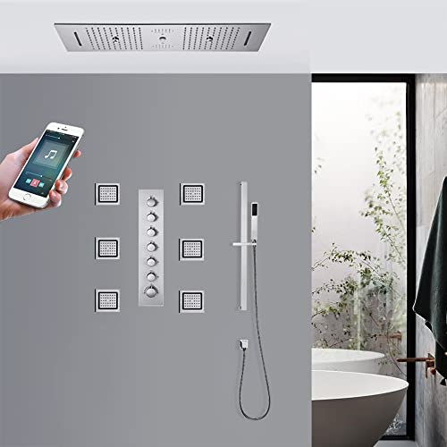 Trieste Chrome Led Thermostatic Phone Controlled Recessed Ceiling Mount Musical Rainfall Waterfall Mist Shower System With Jetted Body Sprays And Hand Shower #TOP1