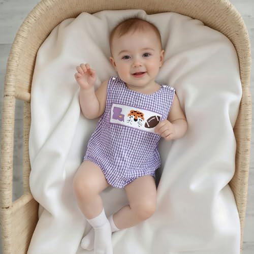 Baby Girl Boy Football Outfit College Football Bubble Romper Sleeveless Plaid Overalls Bodysuit Game Day Clothes3