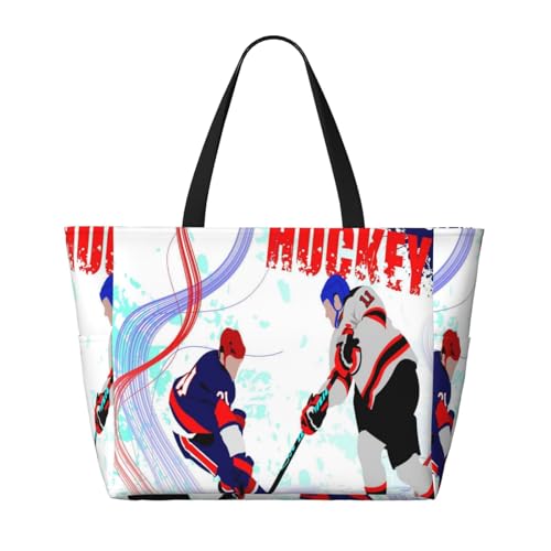 Ice Hockey Players, Beach Bag Women Tote Bag Pool Bag With Zipper For Gym Grocery Travel With Wet Pocket2