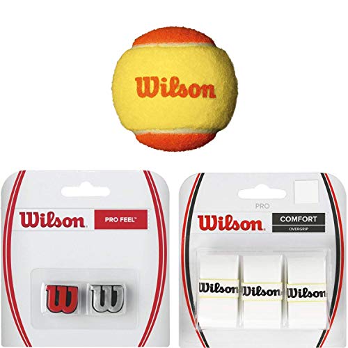 Wilson US Open Orange 3-Pack Tennis Balls (Low Compression) Starter Kit or Set Bundled with 2-Pack of Red/Silver Dampeners and (1) 3-Pack of Wilson Pro Overgrips in White (Great Stocking Stuffers)