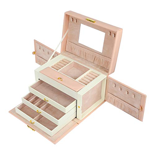 Meerveil Caja Joyero, Caja de Joyería 4 Niveles Cuero PU Caja Joyero con Espejo y Cajones Caja para Joyas, para Pendientes, Pulseras