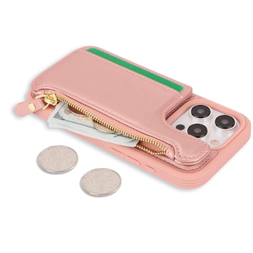 Image of Cavor for iPhone 13 Pro Case with Card Holder,for iPhone 13 Pro Wallet Case for Women Men,Leather Magnetic Clasp Zipper Pocket Protective Phone Cover-Rose Gold