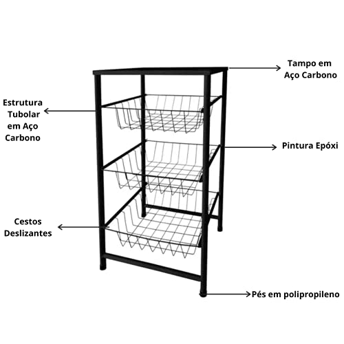 Fruteira Chão Cozinha Super Forte Tampo De Aço Preta