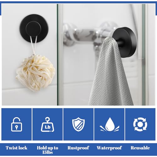 Image of Suction Cup Hooks, 4 Pack Black Stainless Steel Suction Hooks for Shower | No-Drill, Reusable Removable, Towel Hook Holders for Bathroom Kitchen, For Smooth Surfaces Like Tile, Glass, Mirror