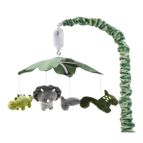 Image of The Peanutshell Crib Mobile for Boys or Girls - Grey and Green Camo Musical Baby Crib Mobile with 12 Lullabies, Dino Baby Dinosaur Nursery Decor