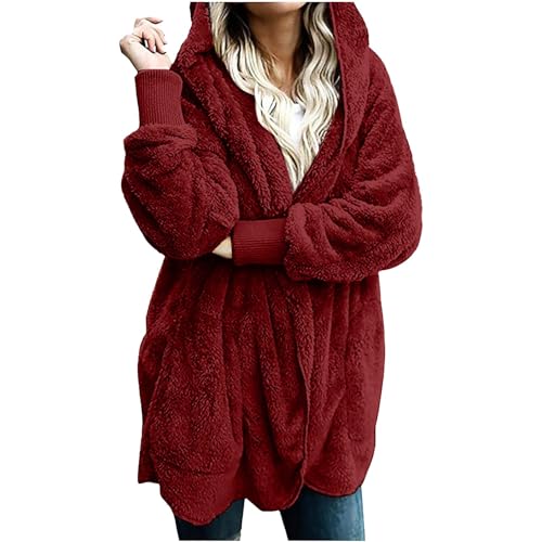 Fleece Jackets for Women 2024 Winter Long Sleeve Solid Fuzzy Fleece Open Front Hooded Cardigans Soft Coat with Pocket3