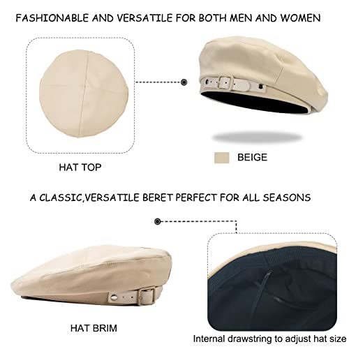 Women Cotton French Beret Hat Casual Solid Beret Hat Classic Soft Beret Cap Stylish Breathable Beanie Cap For Girls Ladies With Buckle Front Beige #TOP4