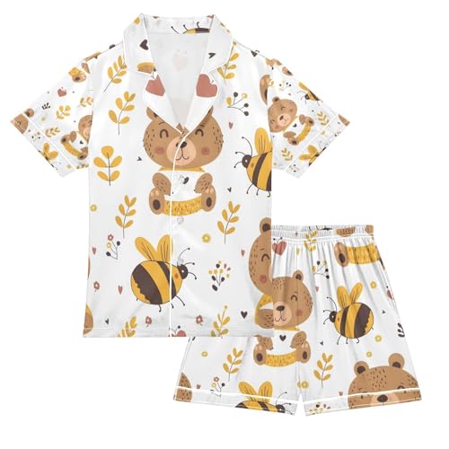senya Bear and Leaves A Satin Summer Pajama Sets Silk Short Sleeve Button Down Sleepwear
