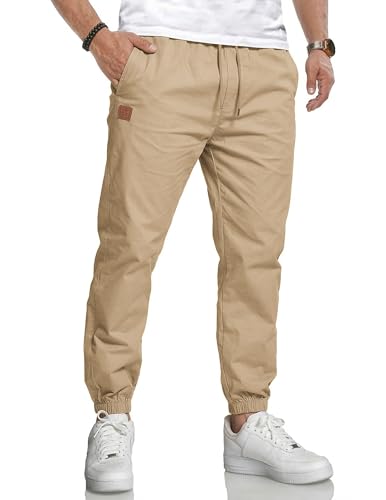 Volemo Pantalon Jogger Homme Chino Taille Élastique Ourlet Élastique avec Poches Latérales Zippées Khaki L