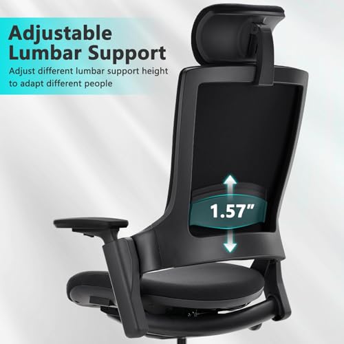 Image of CLATINA Ergonomic High Swivel Executive Chair with Adjustable Height Head 3D Arm Rest Lumbar Support and Upholstered Back for Home Office Studio, Black Fabric, 2 Pack