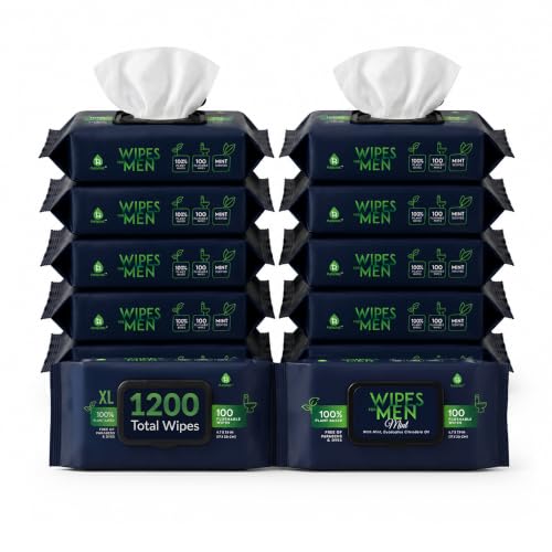 Pursonic Wipes for Men with Scented Soft Mint Aloe Vera & Vitamin E - Flushable Plant-Based & Alcohol-Free Body & Toilet Wipes for Travel Gym & Bathroom Use - Extra Large Resealable Pack - 1200 Pcs