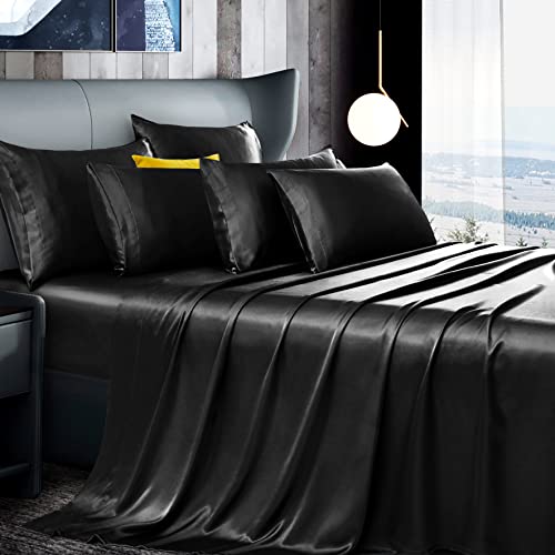 Manyshofu 7Pcs Black Satin Sheets Queen Size Silky Satin Bed Sheets Set, Luxurious & Soft Satin Bedding Set - 1 Satin Fitted Sheet, 1 Satin Flat Sheet, 4 Satin Pillowcases + 1 Satin Body Pillow case