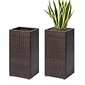 SUNNYPARK 2 Pack Tall Planters for Outdoor Plants Rattan Modern Tall Square Planter Box with Removable Liners Indoor Outdoor Porch Patio Flower Pot (12’’ x 12’’ x 24’’)