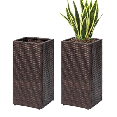 SUNNYPARK 2 Pack Tall Planters for Outdoor Plants Rattan Modern Tall Square Planter Box with Removable Liners Indoor Outdoor Porch Patio Flower Pot (12’’ x 12’’ x 24’’)