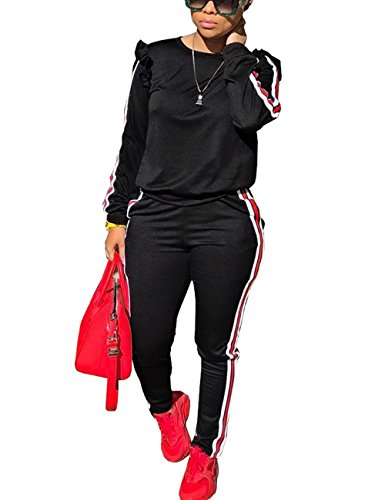 Women's 2 Piece Tracksuit Set Reffle Sleeve Sweatshirt Pullover Tops and Side Striped