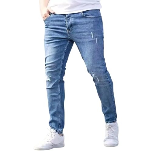 Jeans Pants Trousers Denim Street Trendy Washed Blue Elastic Tight Tear Hole Casual Commuting Small Leg for Men