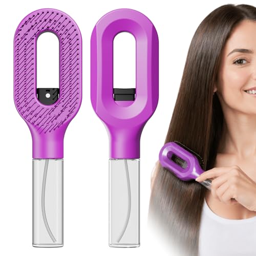 Purple Hair Brush with Water Spray Fine Mist Detangling Tool for Natural Curly Coily Hair Anti-Frizz Wet & Dry Styling for Textured Hair Care(1 Purple)