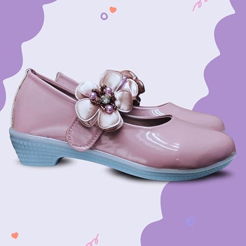 Image of Girls' Patent Mary Jane Shoes with Floral Embellishment, Attractive Colour's, Pearl Flower Welcro Bellies |DMND-3|