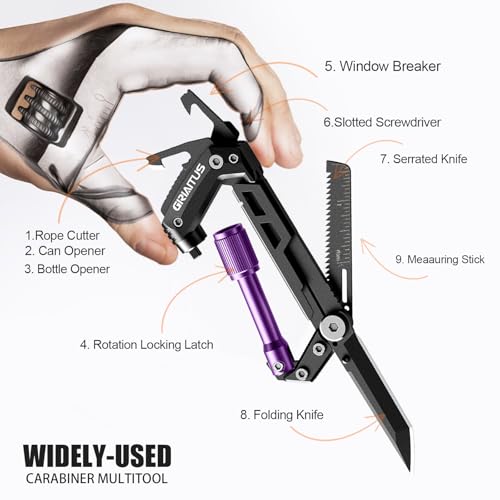 Carabiner Multitool with Pocket Knives, EDC Carabiners, Serrated Knife, Rope Cutter, Screwdriver, Can Bottle Opener, Ruler, Folding Knife for Camping Hiking, Gifts for Men (Purple) by GIRIAITUS - Image 2