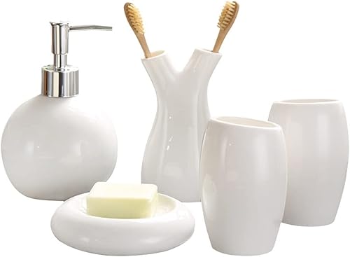 SHUAN Wash - Juego de cinco piezas de cerámica para jabones soporte para cepillo de dientes taza para la boca botella de jabón líquido juego de