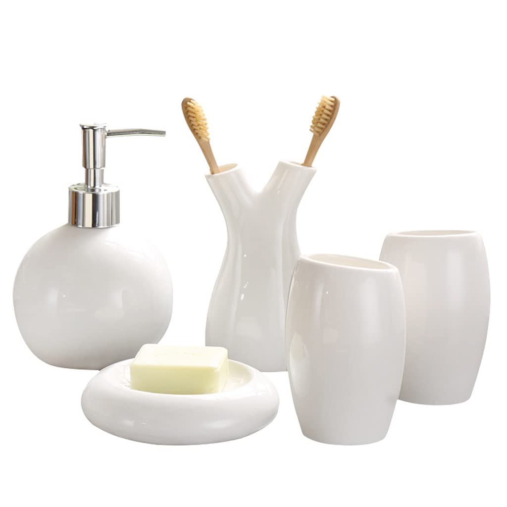 Juego de Accesorios de baño, Juego de Cinco Piezas jabonera cerámica, Soporte for Cepillo Dientes, Vaso for la Boca, Botella jabón líquido, Recipiente for baño, Juego Accesorios