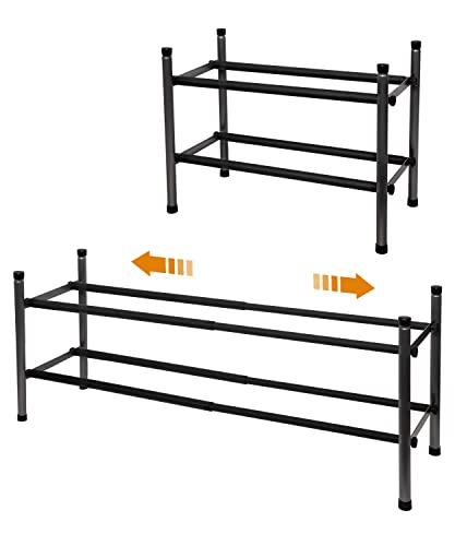 MULISOFT 2-Tier Expandable Shoe Rack, Stackable and adjustable Shoe Shelf Storage Organizer Heavy Duty Metal Free Standing Shoe Rack for Closet Entryway Bedroom Garage (Black),1 Pack