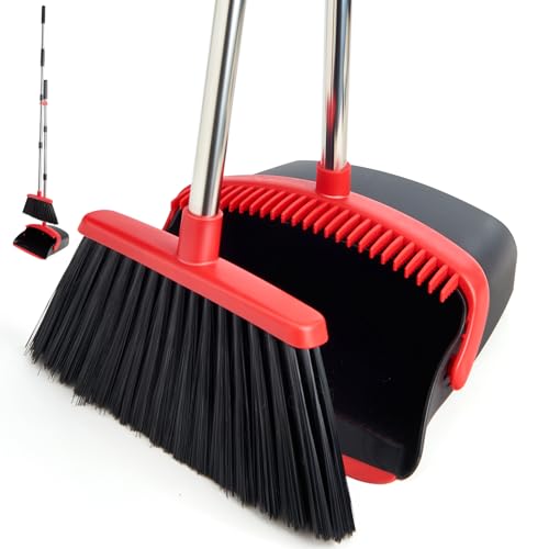 Image of Broom and Dustpan Set with Long Handle, Heavy Dust Broom and Dustpan Combo for Home,Kitchen, Office, Pet Hair (Black Red)