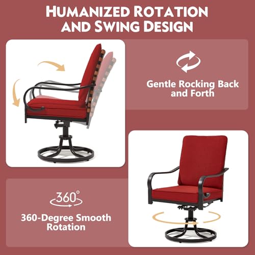 MELLCOM Patio Swivel Chair Set of 2, Outdoor Dining Chairs with Thickened Cushions, Leather-Look Wicker Chairs with Gentle Rocker for Porch, Garden, Backyard, Poolside, Deck, Red - Thumbnail 3