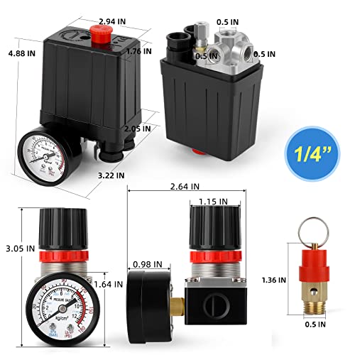 Meanlin Measure Air Compressor Pressure Switch Control Valve 90-120 Psi 110V-240V 4-Way Replacement Parts With 0-180 Psi Air Compressor Regulator And Safety Pressure Relief Valve #TOP1