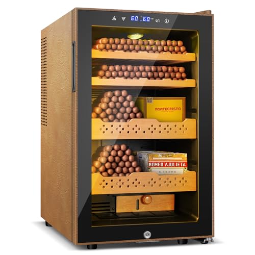 Velieta 70L Upgraded Electric Humidor with Leather 400 Counts Large Capacity Thermostatic Electric Cooler Cabinet with Digital LED Screen Safety Lock Smart Humidity & Temp Control Gifts for Men