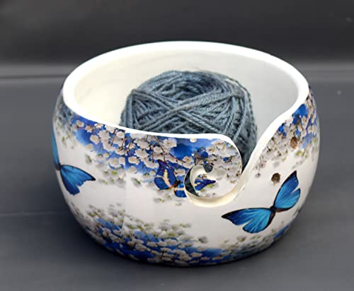Image of Multi Purpose Wooden Yarn Bowl - Rosewood Yarn Holder - Handmade Knitting & Crochet Bowl | Large Yarn Bowl Mother's Day Gift (Butterfly)