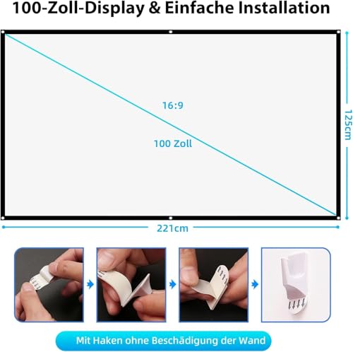 Leinwand Beamer 100 Zoll,16:9 Full HD Faltbarer Beamer Leinwand,Waschbar Anti-Falten Tragbare Projector Scre für Heimkino, Büro und Camping(Weiß)