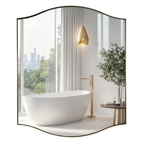 Image of ANDY STAR Rectangle Scalloped Mirror, 30 inchx36 inch Brushed Gold Bathroom Mirror in SUS304 Stainless Steel Metal Frame, Brass Vanity Mirror with Unique Arched Top Design