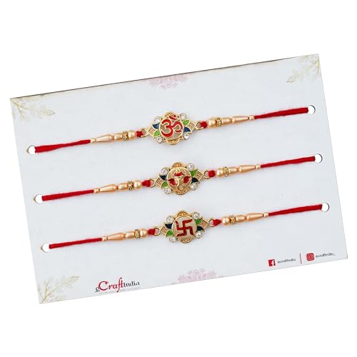 Image of eCraftIndia Set of 3 Multicolor Semi Precious Designer Rakhis for Brother Bhaiya Bhai | Roli Chawal Pack