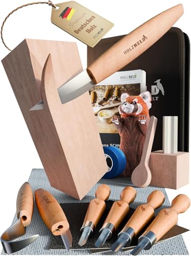 HOLZHELD hochwertiges Schnitzwerkzeug (24 teil.) inkl. 32 S. Anleitung 4 Vorlagen u dt. Schnitzholz zum Schnitzen. Schnitzset XS Holzbearbeitungswerkzeug